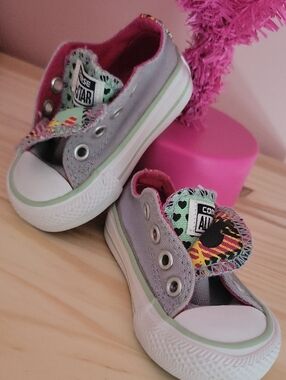 Converse Kids Low Top Sneakers - Gray with Pink Lining and Mint Accents